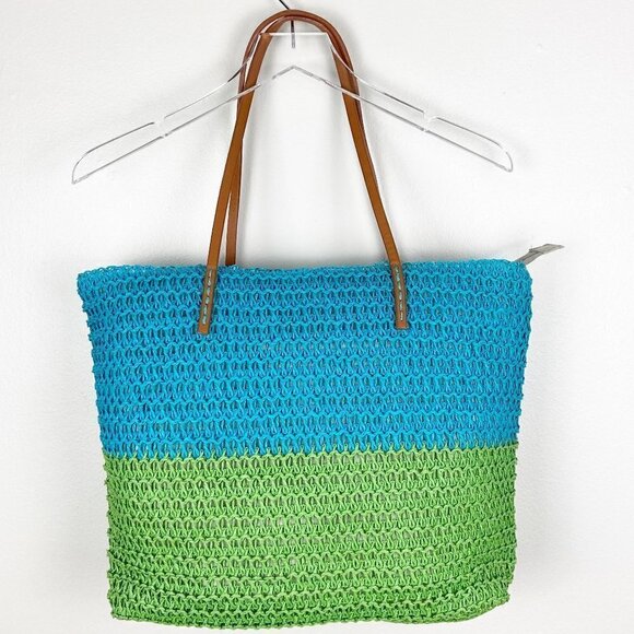 Raffia Blue Green Zip Top Tote Bag - Picture 1 of 7